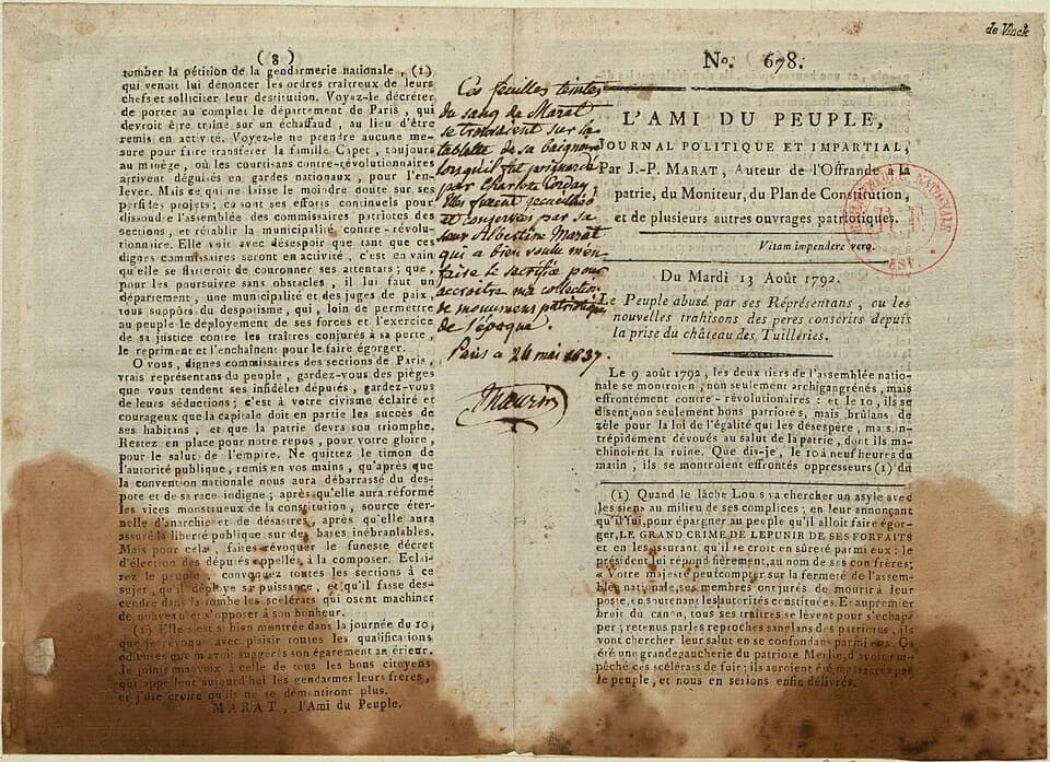 Jean-Paul Marat - Copia del giornale "L'Ami du peuple", macchiata del samgue di Marat, Paris, Bibliothèque Nationale