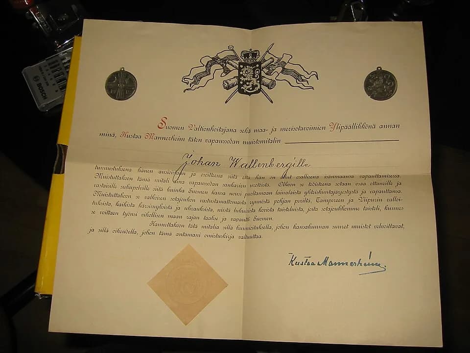 Carl Gustaf Emil Mannerheim - Commendation letter for Johan Wallenberg, my great-grandfather, regarding his decoration with War of Liberation Commendation Medal. Signed by Carl Gustaf Emil Mannerheim.