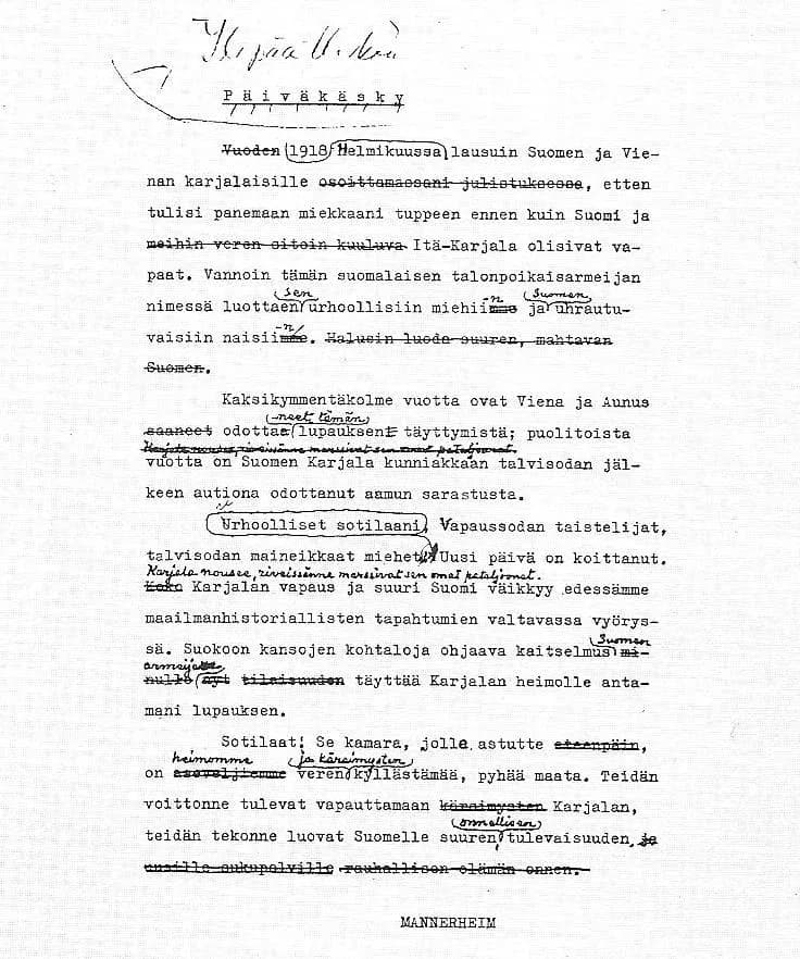 Carl Gustaf Emil Mannerheim - The text of the "Order of the Day of the Sword Scabbard" with Mannerheim's edits.