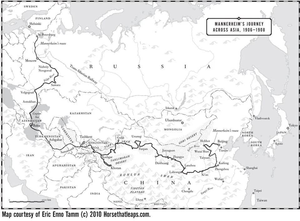 Carl Gustaf Emil Mannerheim - Map of Gustaf Mannerheim's expedition across Asia first published in "The Horse That Leaps Through Clouds: A Tale of Espionage, the Silk Road and the Rise of Modern China