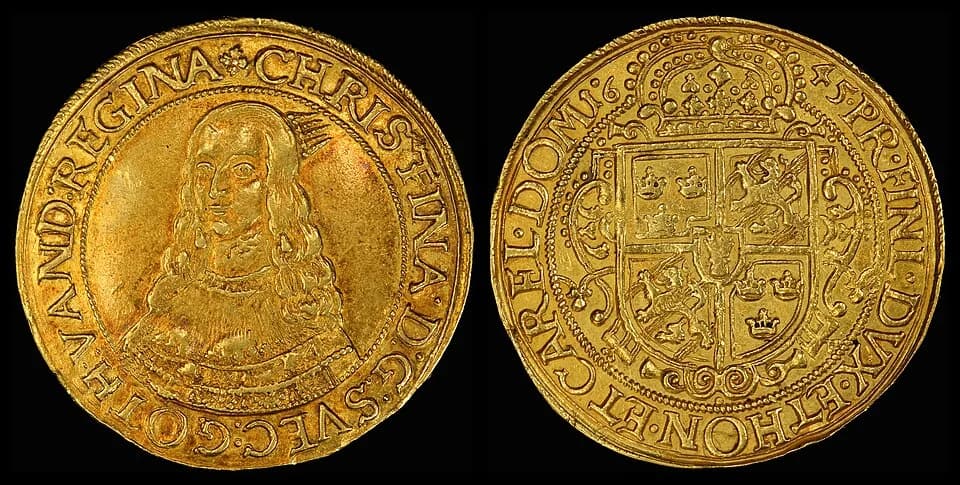 Christina of Sweden - Between 1631 and 1648, during the Thirty Years’ War, Erfurt was occupied by Swedish forces, thus the effigy of Sweden’s Queen Christina appears on the 1645 Erfurt 10 Ducat (Portu
