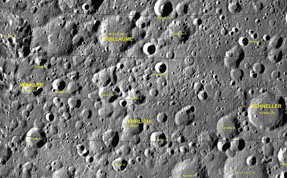 Charles Édouard Guillaume - Cráter lunar Ehrlich. Localización. (Imagen LRO)