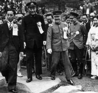 Hideki Tojo - Inaugural Party for the newly appointed War Minister Seoshirō Itagaki (1885–1948, center right). Among the guests were Naval Minister Mitsumasa Yonai (1880–48, center left) and Vice War 