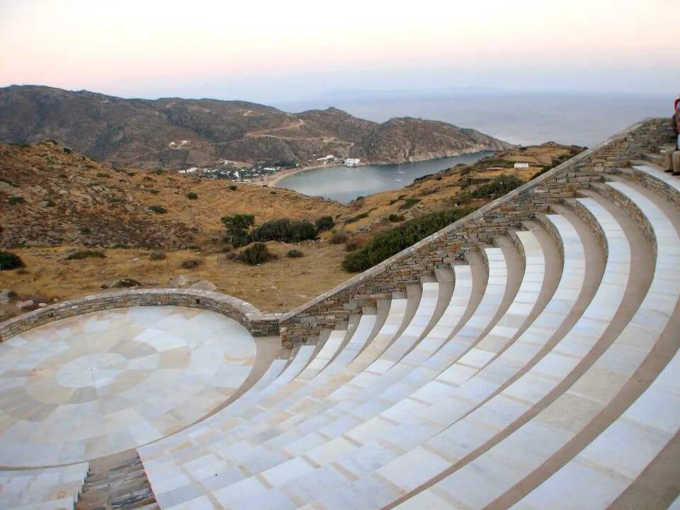 Odysseas Elytis - Odysseas Elytis open air theater at dusk in Ios, Greece. Mylopotas bay can be
seen in the background.
