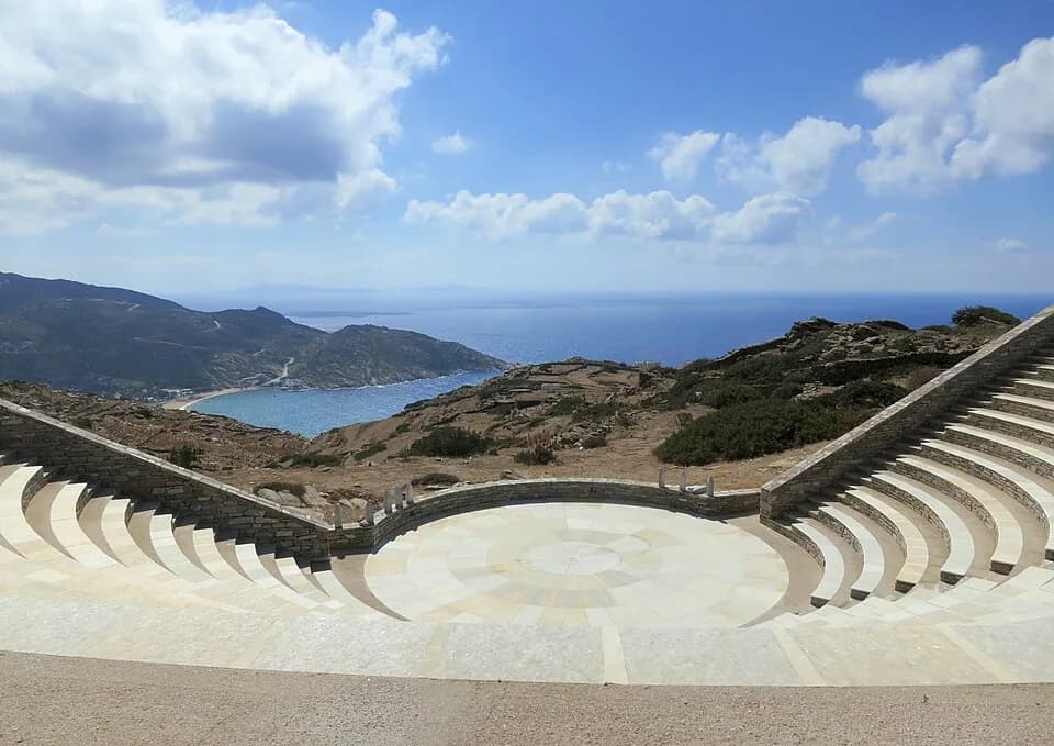 Odysseas Elytis - New Theatre "Odysseas Eylytis" over of the Chora of Ios island. (In the distance on the bottom left is the beach Mylopotas.)