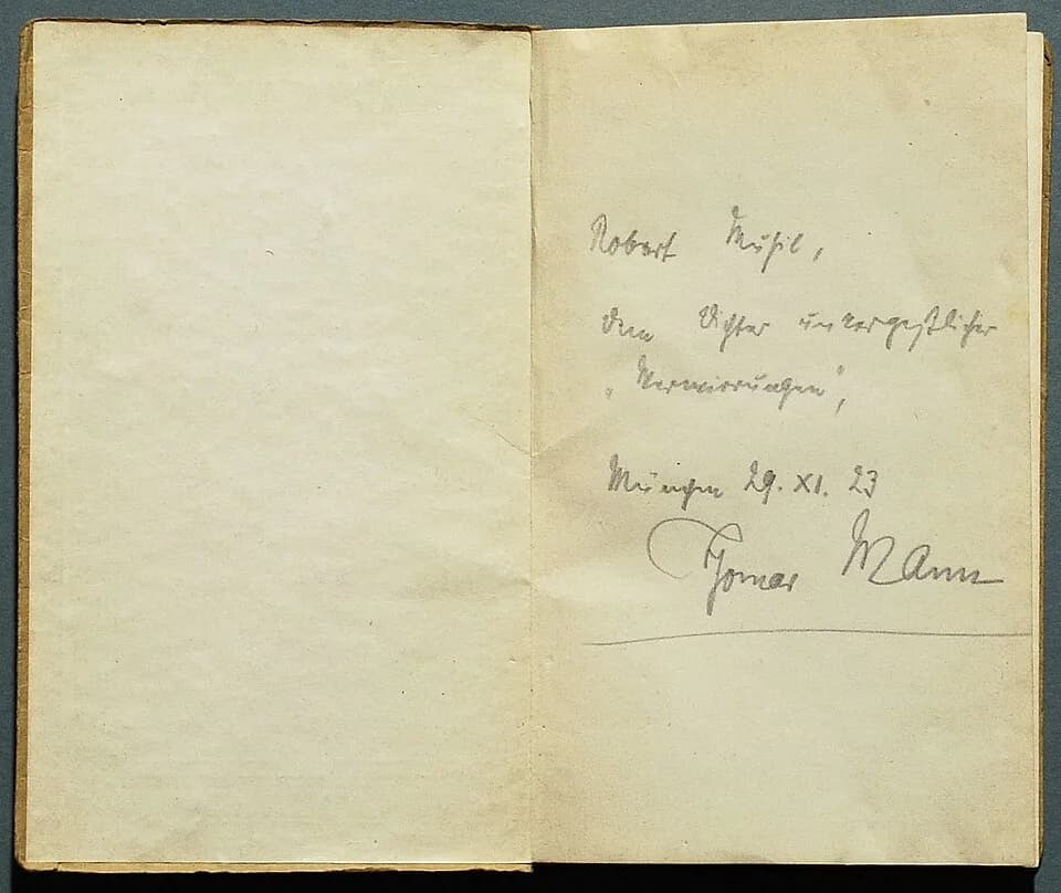 Robert Musil - Widmung Thomas Manns an Robert Musil in "Bekenntnisse des Hochstaplers Felix Krull", Erstdruck der Ausgabe von 1923.