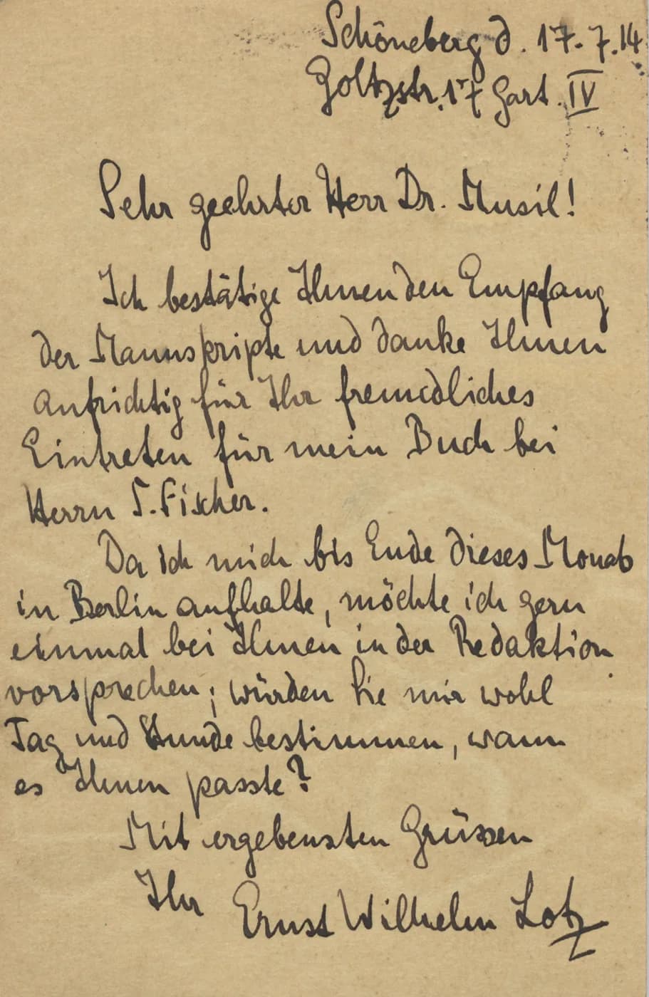 Robert Musil - Postkarte von Ernst Wilhelm Lotz an Robert Musil; Schöneberg bei Berlin 17. VII. 1914.