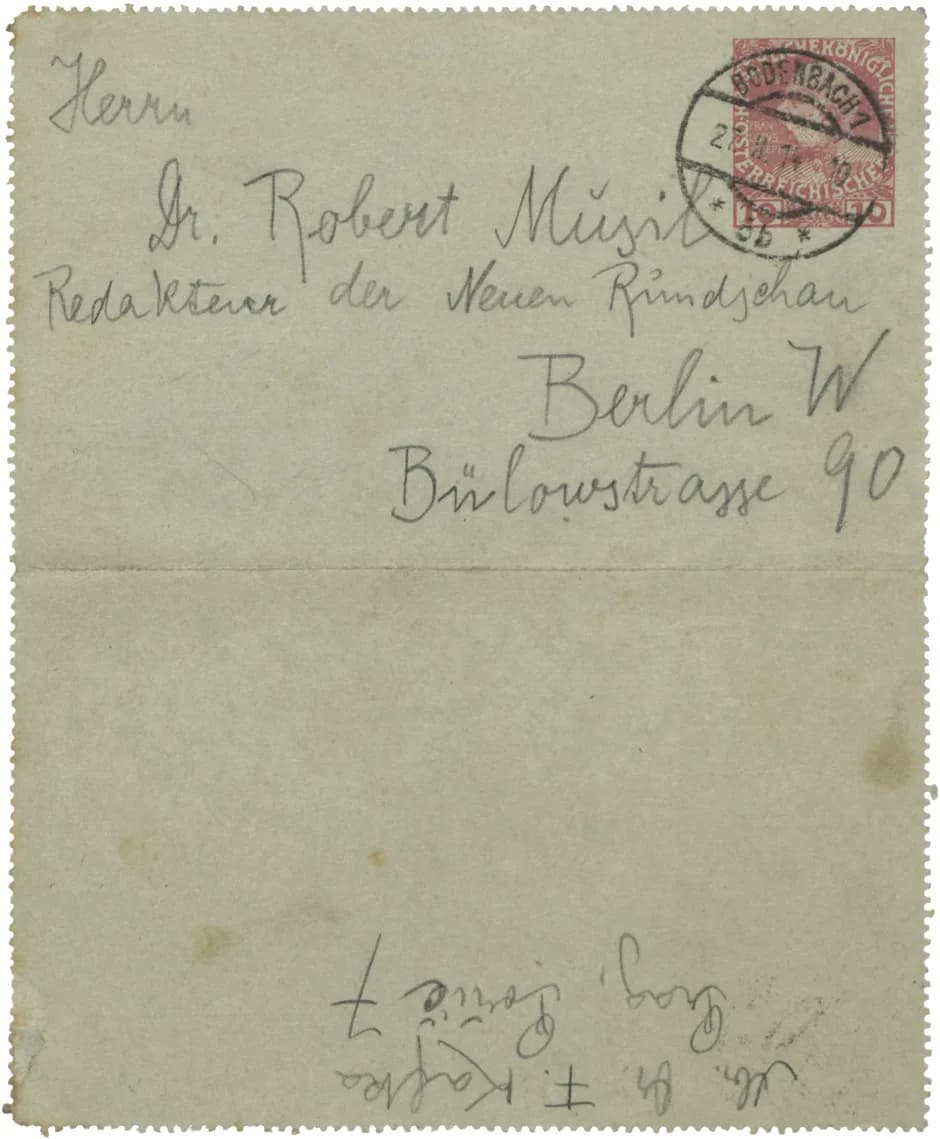 Robert Musil - Umschlag zu einem Brief von Franz Kafka an Robert Musil, 27. Februar 1914; im Brief geht es um den Abdruck von Kafkas Erzählung "Die Verwandlung": "... nur in aller Kürze von einer klei