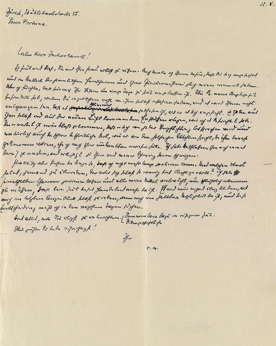 Robert Musil - Brief Robert Musil an Viktor Zuckerkandl nach Stockholm, Zürich, 12. 8. 1938 

"Lieber Herr Zuckerkandl! Es freut mich tief, Sie und Ihre Frau erlöst zu wissen. Auch danke ich Ihnen daf
