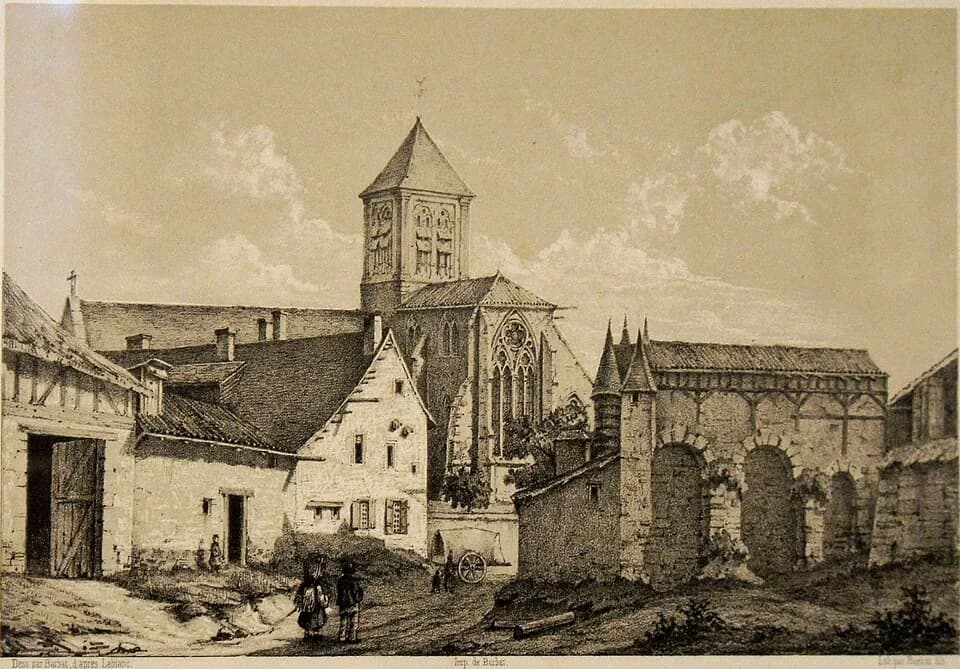Nicolas Appert - Église st-Jean et auberge cheval blanc où naquit Appert, dessin de Leblanc 1792.