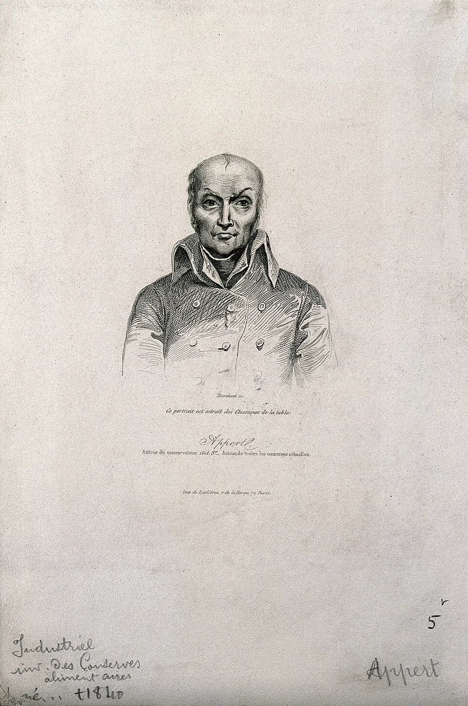 Nicolas Appert - Nicolas François [?] Charles [?] Appert. Line engraving by Blanchard, 1843.

Iconographic Collections
Keywords: portrait prints; engravings; appert, nicolas francois? char; Nicolas Fr