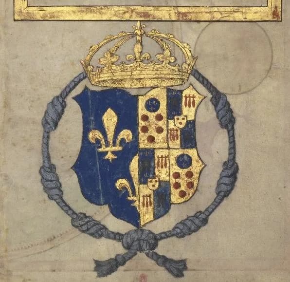 Catherine de' Medici - Escudo de armas de Catalina de Médici, reina de Francia, con "cordelière de veuve" que señala que se encontraba viuda en ese momento.