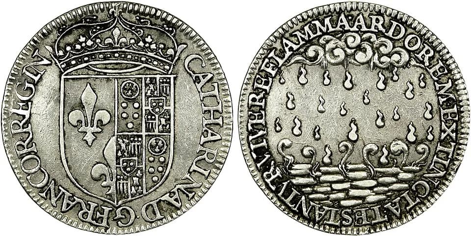 Catherine de' Medici - Nom de l'atelier : Paris
Métal : argent
Diamètre : 28mm
Axe des coins : 6h.
Poids : 4,99g.
Tranche : lisse
Titulature avers : CATHARINA. D. G. FRANCOR. REGIN.
Description avers 