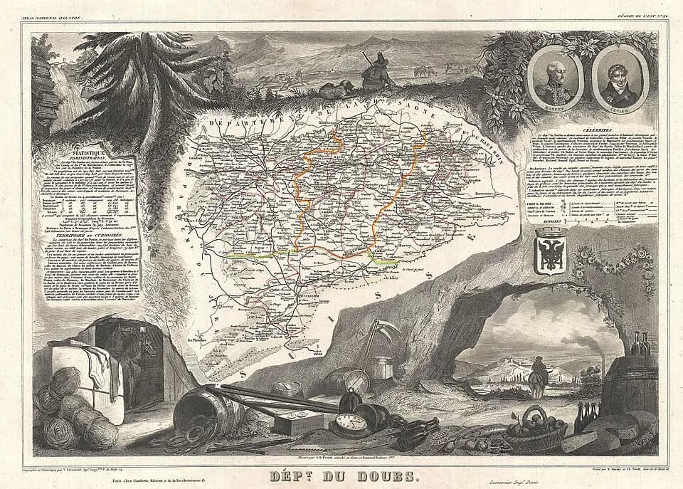 Georges Cuvier - This is a fascinating 1852 map of the French department of Doubs, France.  The whole is surrounded by elaborate decorative engravings designed to illustrate both the natural beauty an