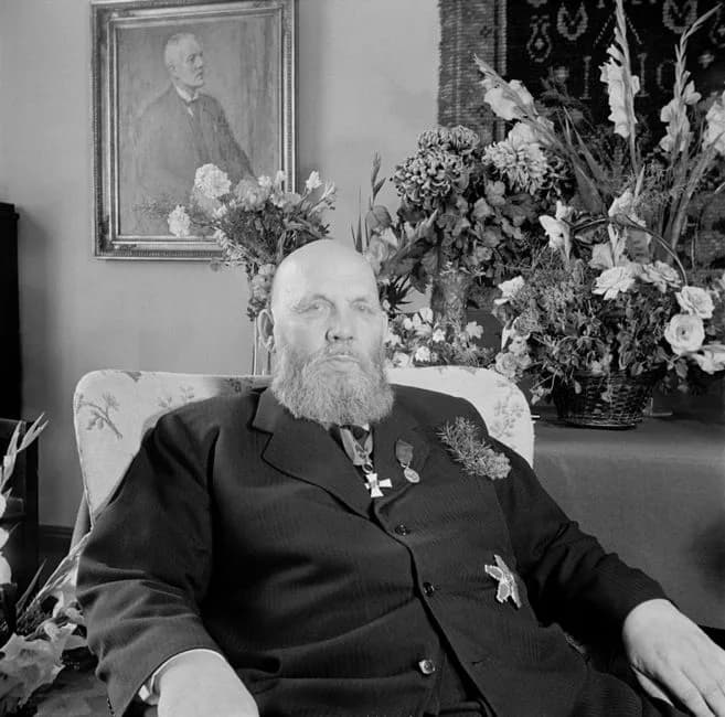 Frans Eemil Sillanpää - The Nobel laureate Frans Emil Sillanpää on his 60th birthday September 16, 1948. Around his neck is the Commander mark, First Class, of the Order of the Lion of Finland and on 