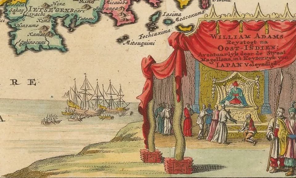 Tokugawa Ieyasu - William Adams meets Tokugawa Ieyasu. Idealized version of the scene as depicted by Pieter van der Aa, in 1707, extracted from a larger map of Japan.