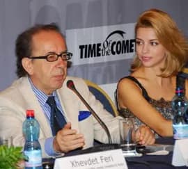 Ismail Kadare - Masiela Lusha and poet Laureate Ismail Kadare during a press conference for their film, Time of the Comet