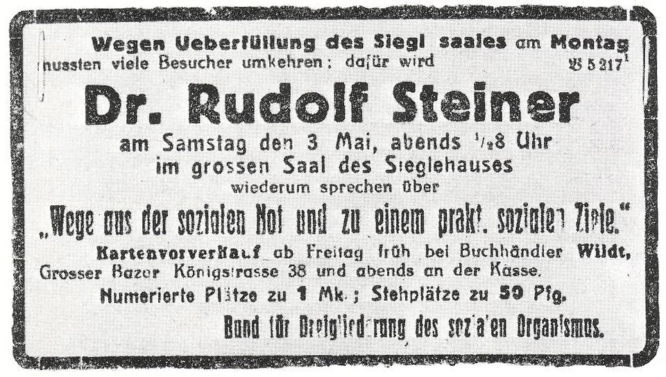 Rudolf Steiner - Ankündigung eines Vortrages von Rudolf Steiner, Stuttgart 1919