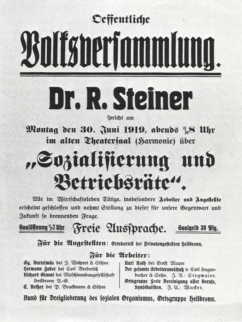 Rudolf Steiner - flyer of the Association for Social Threefolding, 1919