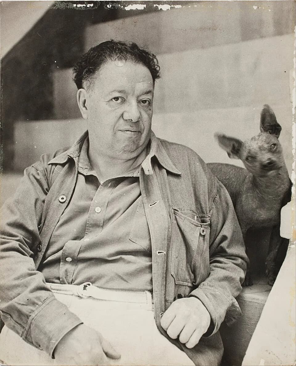 Diego Rivera - Diego Rivera with a xoloitzcuintle dog in the Blue House, Coyoacan - Google Art Project.jpg