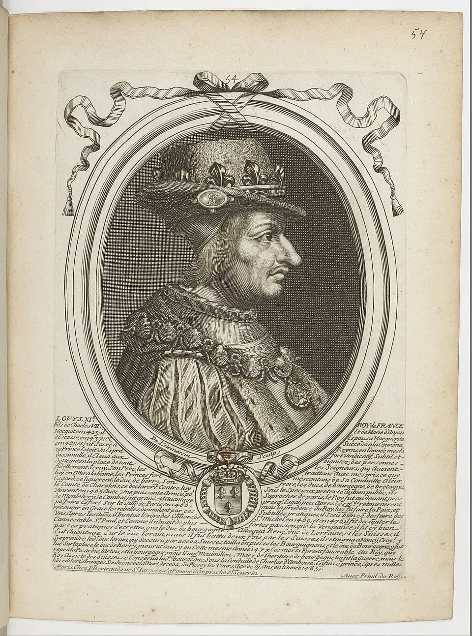 Louis XI of France - Les augustes représentations de tous les rois de France, depuis Pharamond jusqu'à Louis XIV,... avec un abrégé historique sous chacun, contenant leurs naissances, inclinations et 
