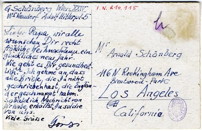 Arnold Schoenberg - Weihnachtskarte an den Komponisten Arnold Schönberg von seinem Sohn Georg; Wienbibliothek, Handschriftensammlung, Teilnachlass Georg Schönberg, H.I.N. 210115
