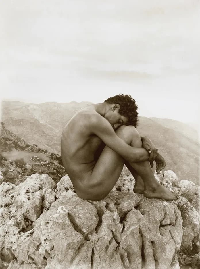 Roland Barthes - Wilhelm von Gloeden (1856–1931), Cain. Larger size catalogue # 0263 (30 x 40 cm). After a painting by Hippolyte Flandrin (1805-1864) at the Louvre Museum. This is one of the most famo