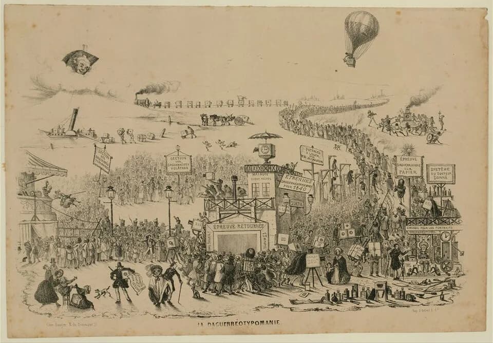 Louis Daguerre - "La Daguerréotypomanie". Library of Congress description: "French cartoon about the rush to try photography after Louis Jacques Mandé Daguerre revealed his process in 1839. Print show