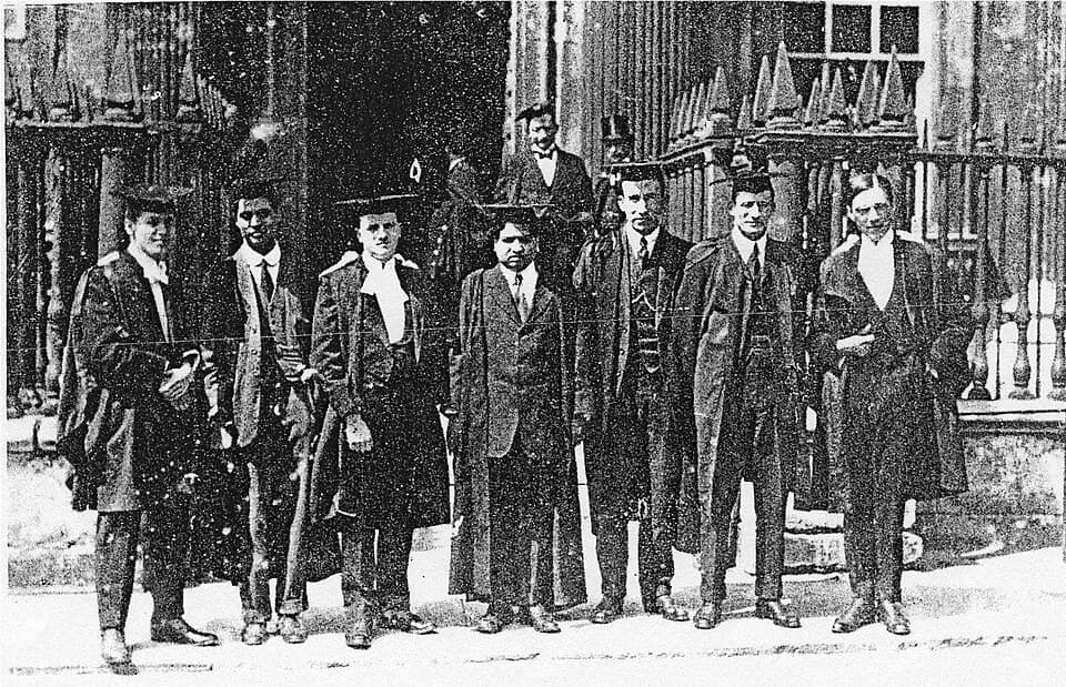 G.H. Hardy - The Indian mathematician Srinivasa Ramanujan (centre) together with his colleague Godfrey Harold Hardy (extreme right) and other scientists outside the Senate House at the University of C