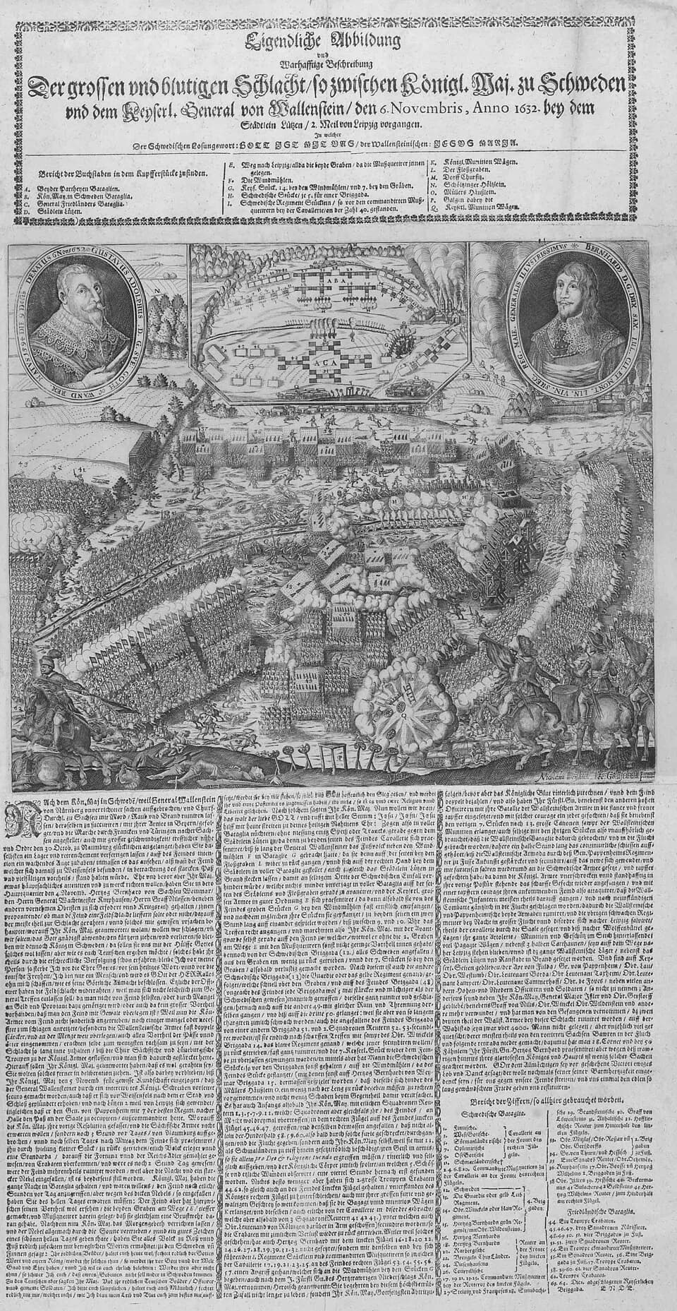 Gustavus Adolphus of Sweden - Flugblatt zur Schlacht bei Lützen am 6. November 1632, Titel: Eigendliche Abbildung und Warhafftige Beschreibung der grossen und blutigen Schlacht/ so zwischen Königl. Ma