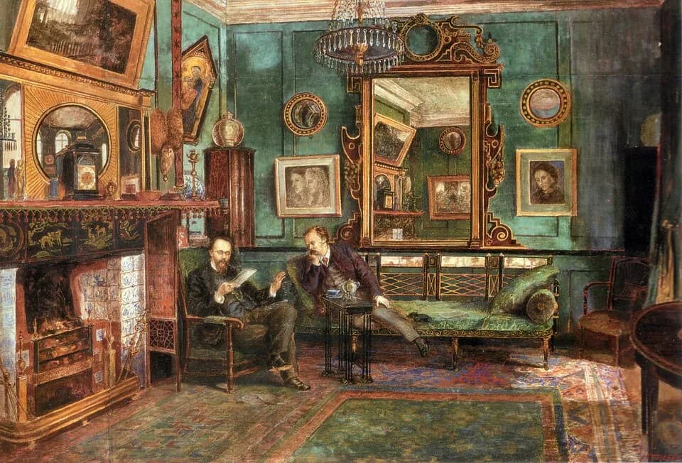 Dante Gabriel Rossetti - Dante Gabriel Rossetti reading proofs of Sonnets and Ballads to Theodore Watts-Dunton in the drawing room at 16 Cheyne Walk, London;