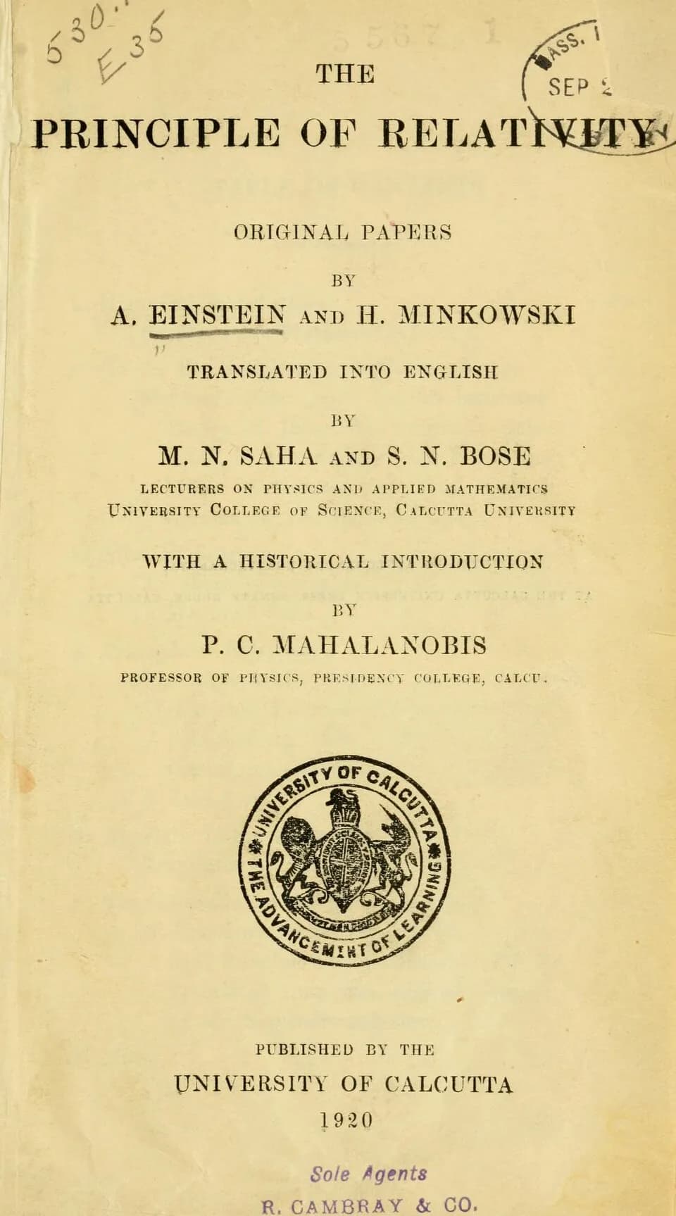 Satyendra Nath Bose - The Principle of Relativity by MN Saha and SN Bose