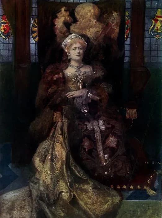 Catherine of Aragon - Dame Ellen Terry (1847-1928) as William Shakespeare's Queen Katherine of Aragon in his play Henry VIII. Dame Ellen is wearing a costume designed for a production of Henry VIII at