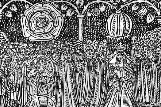 Catherine of Aragon - 16th century woodcut of the coronation of Henry VIII of England and Catherine of Aragon showing their heraldic badges, the Tudor rose and the pomegranate.  From  Stephen Hawes, A