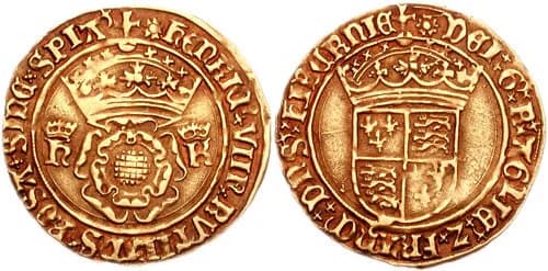 Catherine of Aragon - Tudor. Henry VIII of England, with Catherine of Aragon. 1509-1547. 

AV Crown of the Double Rose (26mm, 3.69 gm, 8h). Second coinage, struck 1526-1529. London mint; mm: rose.
hEN