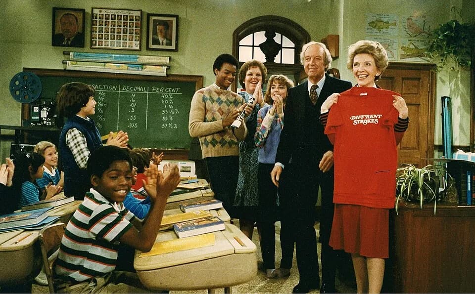 Conrad Bain - C13387-9, Nancy Reagan on the set of television show "Diff'rent Strokes" with Conrad Bain, Todd Bridges, Dana Plato, Shavar Ross, and Mary Jo Cattlett. 3/9/83, during the filming of the 