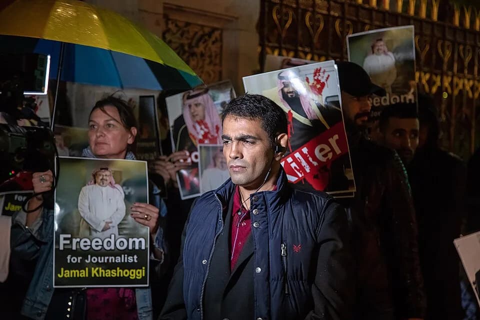 Jamal Khashoggi - Saudi Arabian activist Ghanem al-Dosari at a protest outside the Natural History Museum in London after the disappearance of Jamal Kashoggi. The Saudi embassy was holding a Saudi Nat
