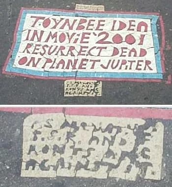 Arnold J. Toynbee - Large and colorful Toynbee tile found in downtown Washington D.C., with closeup of its bottom tab.  Taken by en:User:Erifnam in 2002.
