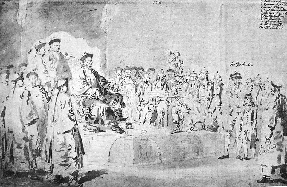 Arnold J. Toynbee - Lord Macartney Embassy To China 1793. Macartney's first meeting with Qianlong. The boy on the right is the eleven-year-old George Staunton who impressed the Emperor with his spoken