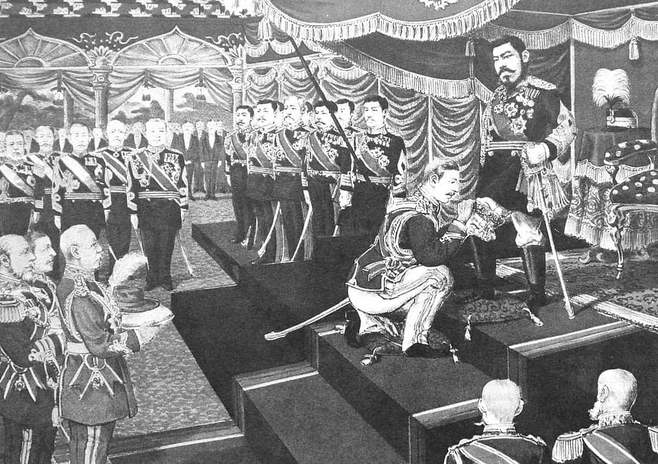Arnold J. Toynbee - The Meiji Emperor receiving the Order of the Garter from Prince Arthur of Connaught in 1906, as a consequence of the Anglo-Japanese Alliance.