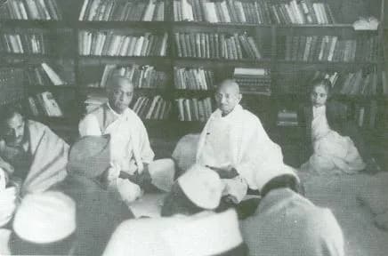 Sardar Vallabhbhai Patel - Gandhi attends a Congress Working Committee meeting at Anand Bhavan in Allahabad, Vallabhbhai Patel to the left, Madame Vijaya Lakshmi Pandit to the right.