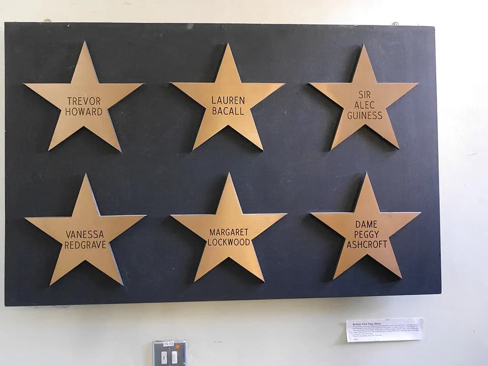 Alec Guinness - 2x3 arrays of bronze stars; they were intended to be used on Leicester Square for British Film Year
Trevor Howard, Lauren Bacall, Sir Alec Guiness [sic]
Vanessa Redgrave, Margaret Lock