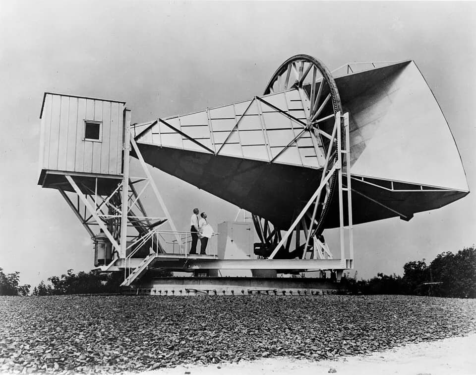Arno Allan Penzias - The 15 meter Holmdel horn antenna at Bell Telephone Laboratories in Holmdel, New Jersey was built in 1959 for pioneering work in communication satellites for the NASA ECHO I. The