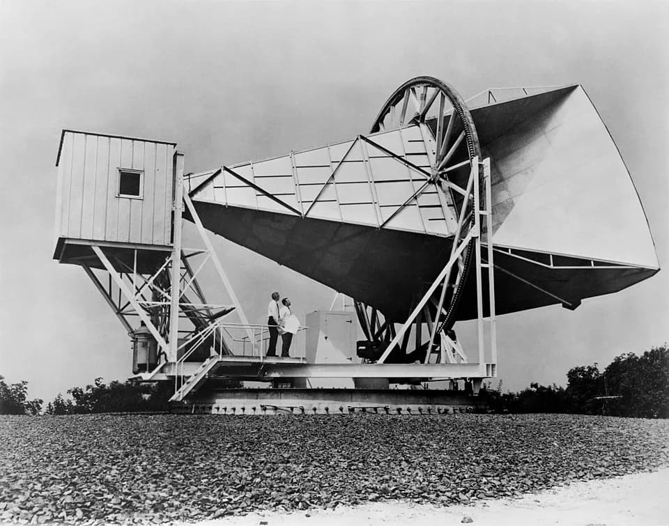 Arno Allan Penzias - The 15 meter Holmdel horn antenna at Bell Telephone Laboratories in Holmdel, New Jersey was built in 1959 for pioneering work in communication satellites for the NASA ECHO I. The