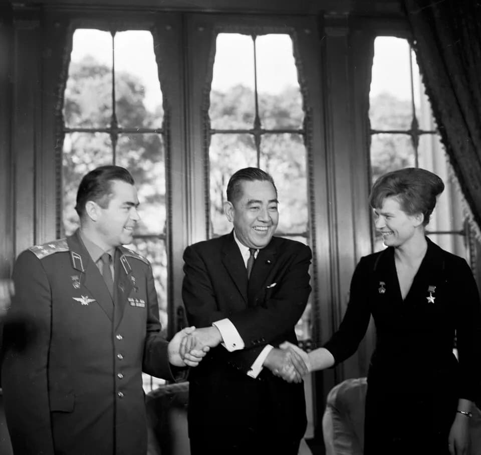 Eisaku Satō - “Nikolayev, Tereshkova and Sato”. Space pilots Andriyan Nikolaev (left) and Valentina Tereshkova (right) at the meeting with Japanese prime minister Eisaku Sato (centre).