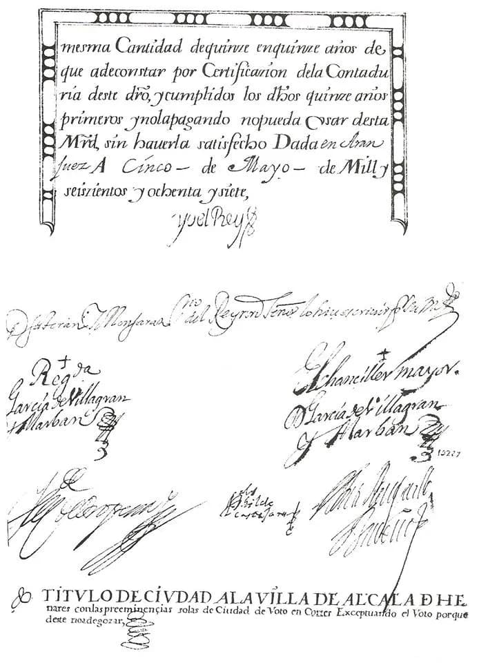Charles II of Spain - El rey Carlos II de España concede el título de "Ciudad" a Alcalá de Henares. Firmado en Aranjuez, el 5 de mayo de 1687.