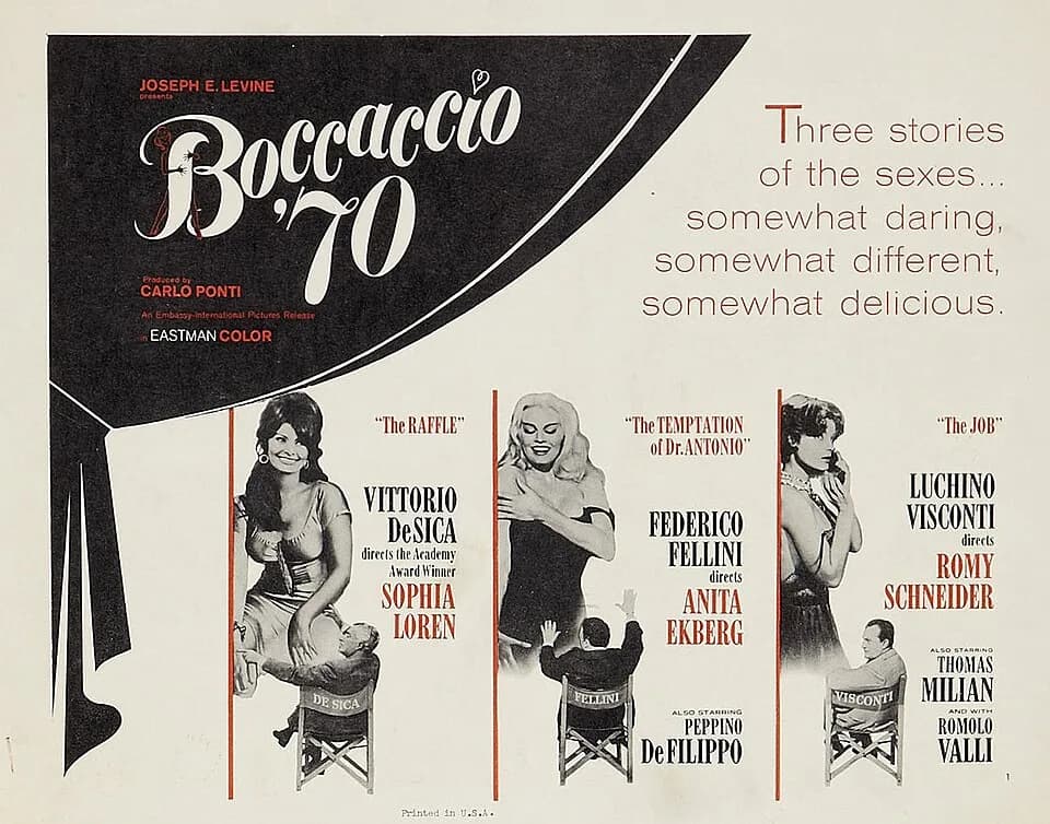 Vittorio De Sica - Boccaccio '70 is a 1962 Italian anthology film directed by Mario Monicelli, Federico Fellini, Luchino Visconti and Vittorio De Sica, from an idea by Cesare Zavattini. This was print