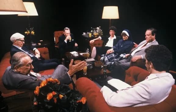 Edward Teller - The television discussion programme After Dark broadcast on 3 July 1987 ("Peace in Our Time"). (c)1987 Open Media Ltd.
Picture shows host John Underwood (back to camera) with guests Ed