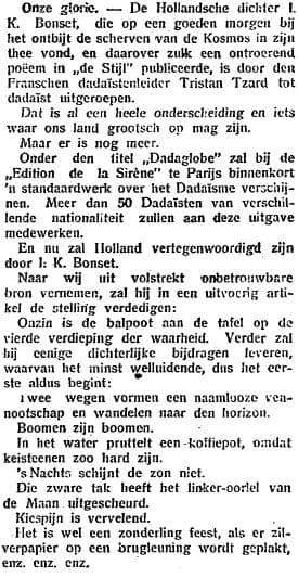Tristan Tzara - Anonymous (Saturday 15 January 1921) &amp;#145;Onze glorie&amp;#146;, Het Centrum, vol. 37, nr. 11103, [p. 3].