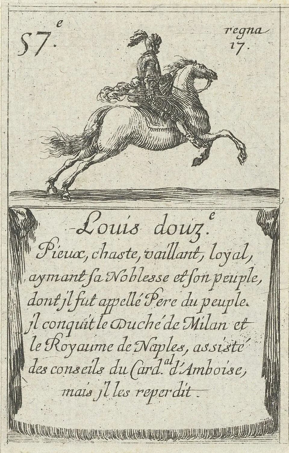 Louis XII of France - IdentificatieTitel(s): Lodewijk XIILouis douze (titel op object). Kaartspel met heersers van Frankrijk (serietitel). Cartes des rois de France (serietitel)Objecttype: prent speel
